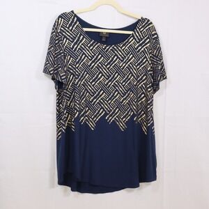 JM Collection T-Shirt XL Blue‎ Womens Gold Foil Abstract Top Tee